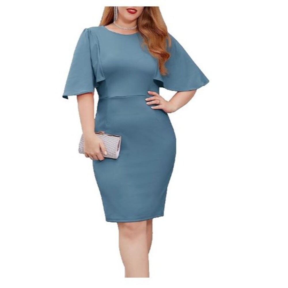 GRACE KARIN 3/4 Ruffle Sleeve Work Party Pencil Dress Blue Gray Plus Size 2XL